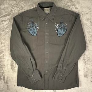 Vintage Y2K Roar Men’s Grey Embellished Western Cross Design Button-Up Shirt L